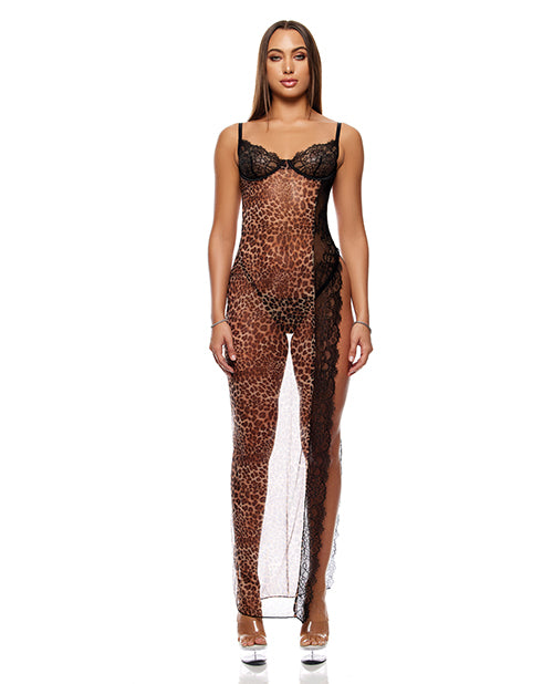 Animal Instincts Sheer Mesh and Lace Gown w/Thong 2 pc Set - Animal SM