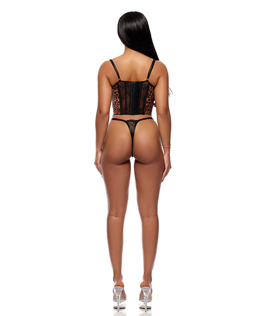 Animal Instincts Sheer Mesh and Lace Bustier w/Thong 2 pc Set - Animal LG