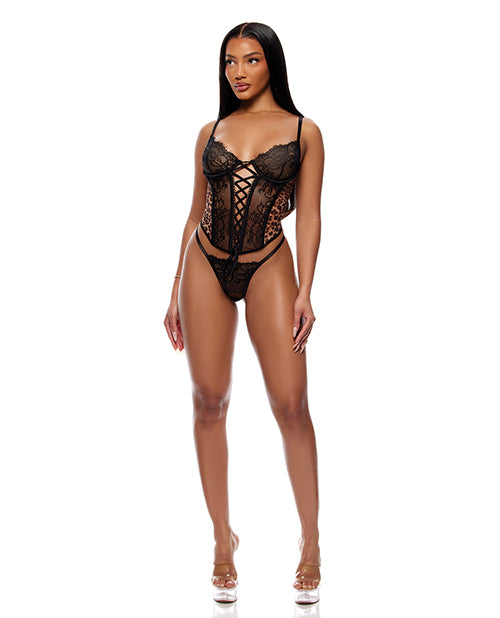 Animal Instincts Sheer Mesh and Lace Bustier w/Thong 2 pc Set - Animal SM