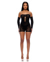 Cross Your Mind Romper Bodystocking w/Rhinestone Details & Gloves 2 pc Set - Black O/S