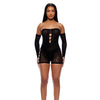 Cross Your Mind Romper Bodystocking w/Rhinestone Details & Gloves 2 pc Set - Black O/S