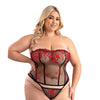 Floral Embroidered Mesh Corset w/G-String - Red/Black 1X/2X