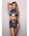 Vixen Floral Lace Knit Tie Back Top w/Skirt 2 pc Set - Navy O/S