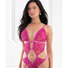 Sheer Lace Teddy w/Studded Vinyl Details & Stockings - Vivid Raspberry O/S