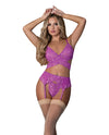 Butterfly Fantasies Cross Over Bralette w/Thong and Garter 3 pc Set - Neon Purple L/XL
