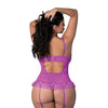 Butterfly Fantasies Gathered Corset w/Cheeky Panty & Attached Garters 2 pc Set - Neon Purple QN