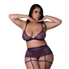 Leather & Lace Stretch Mesh and Lace Bralette w/Garter & Thong 3 pc Set - Plum 2X