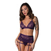 Leather & Lace Stretch Mesh and Lace Bralette w/Garter & Thong 3 pc Set - Plum S/M