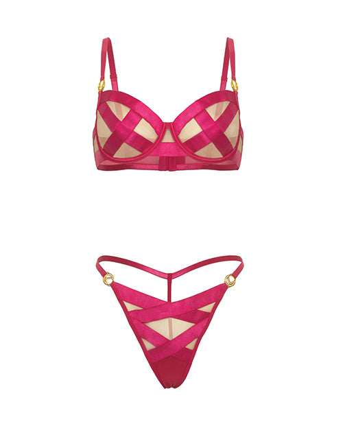 Raelynn Satin Strappy Underwire Bra w/G-String 2 pc Set - Pink Yarrow SM