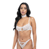Pearla Lace Underwire Bra & Open Back Panty w/Matching Collar 3 pc Set - White L/XL