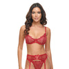 Mariah Embroidered Lace and Mesh Underwire Bra w/Garter & G-String 3 pc Set - Burgundy LG