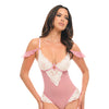 Cassandra Lace & Mesh Teddy w/Ruffle Details - Pink & White MD