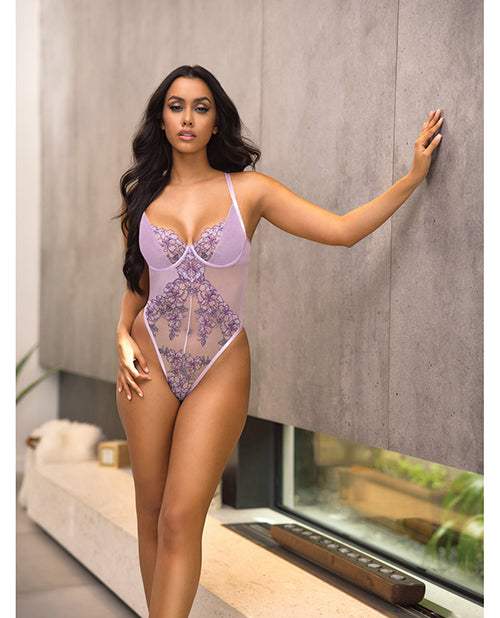 Lavender Embroidered Mesh Underwire Teddy - Lavender SM