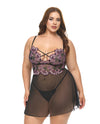 Adela Embroidered Boned Lace and Mesh Babydoll w/G-String 2 pc Set - Black/Pink 2X