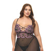 Adela Embroidered Boned Lace and Mesh Babydoll w/G-String 2 pc Set - Black/Pink 2X