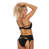 Lace & Stretch Faux Leather Peek a Boo Bra, Garter Belt & Panty Black XXL