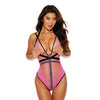 Mesh and Fishnet Zip Front Teddy - Black/Pink LG