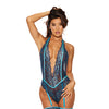 Lace Deep V Open Crotch Teddy w/Leg Bands - Navy/Aqua SM