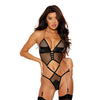 Fishnet and Faux Leather Teddy w/Chain Garters - Black SM