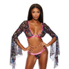 Black Mesh Butterfly Print Flutter Sleeve Top w/Thong 2 pc Set - Multi-Color SM