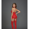 Sheer Dress w/Lace Trim, Attached Garters & Thigh High Stockings - Red
