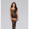 Lace Fishnet Halter Garter Dress w/Opaque Bodice Lines, Halter Ties & Attached Stockings - Black