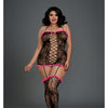 Stretch Lace Halter Garter Dress w/Attached Garters & Thigh High Stockings Black/Fuchsia QN