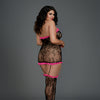 Stretch Lace Halter Garter Dress w/Attached Garters & Thigh High Stockings Black/Fuchsia QN