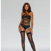 Sheer Halter Teddy Bodystocking w/Opaque Bar & Panty & Attached Garters Black O/S