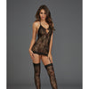 Stretch Lace Garter Dress w/Adjustable Halter Ties, Attached Garters & Thigh Highs Black O/S