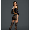 Lace Long Sleeve Crop Top & Garterskirt w/Stockings Black O/S