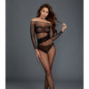 Stretch Fishnet Long Sleeved Bodystocking, Worn On or Off the Shoulder Black O/S
