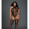 Lace Halter Neckline Teddy Bodystocking w/Attached Garters & Thigh Highs Black QN