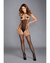 Fishnet & Lace Teddy Bodystocking w/Attached Garters & Thigh Highs Black O/S