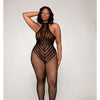 Halter Neck Open Crotch Fishnet Bodystocking w/Striped Teddy Design Black QN