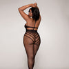 Halter Neck Open Crotch Fishnet Bodystocking w/Striped Teddy Design Black QN