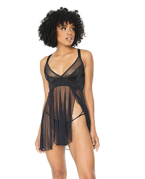 Double Slit Sheer Babydoll w/Cage Detail Back & G-String Black O/S