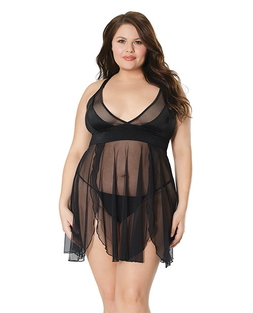 Double Slit Sheer Babydoll w/Cage Detail Back & G-String Black OS/XL