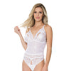 Stretch & Scallop Lace Crotchless Teddy White O/S