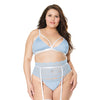 Scallop Stretch Lace Bra, Garter Belt & G-String Light Blue/White 2X