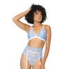 Scallop Stretch Lace Bra, Garter Belt & G-String Light Blue/White S/M
