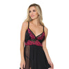 Asymmetrical Skirt w/Sheer Panel Babydoll & G-String Black/Fuchsia O/S
