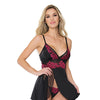 Asymmetrical Skirt w/Sheer Panel Babydoll & G-String Black/Fuchsia O/S