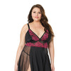 Asymmetrical Skirt w/Sheer Panel Babydoll & G-String Black/Fuchsia OS/XL