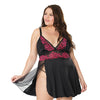 Asymmetrical Skirt w/Sheer Panel Babydoll & G-String Black/Fuchsia OS/XL