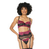 Scallop Stretch Lace & Sheer Nylon Bra, Garter Belt & G-String Black/Fuchsia MD
