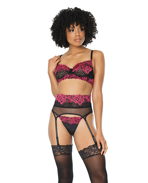 Scallop Stretch Lace & Sheer Nylon Bra, Garter Belt & G-String Black/Fuchsia MD