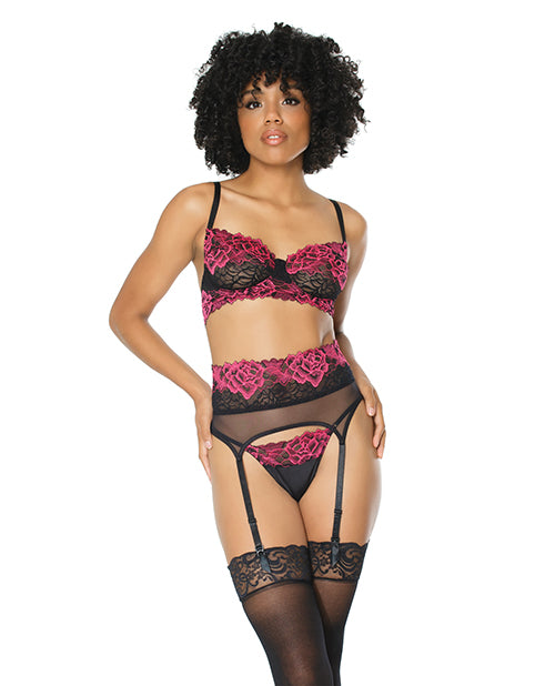 Scallop Stretch Lace & Sheer Nylon Bra, Garter Belt & G-String Black/Fuchsia SM