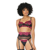 Scallop Stretch Lace & Sheer Nylon Bra, Garter Belt & G-String Black/Fuchsia XL