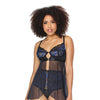 Scallop Stretch Lace & Mesh Front Closure Babydoll & High Waist Thong Black/Cobalt MD